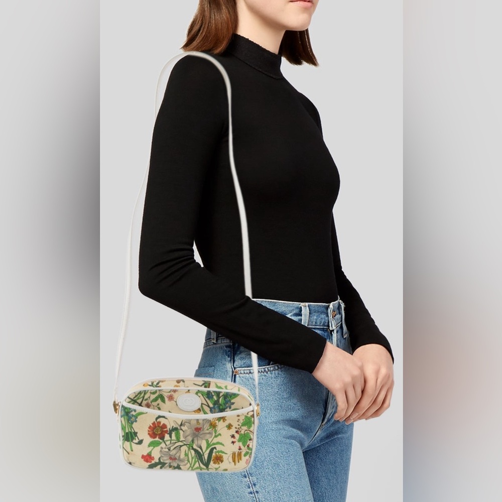 Vintage GUCCI Floral Canvas / leather Trimmed Crossbody Bag